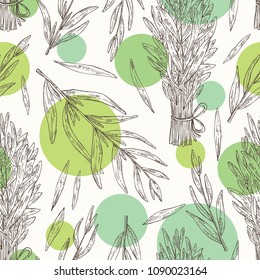 Seamless pattern with tarragon: branch and tarragon leaves. Vector hand drawn illustration.