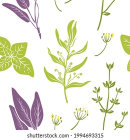 Seamless pattern with tarragon, mint, sage, thyme, oragano. Colorful paper cut culinary herbs isolated on white background. Doodle hand drawn vector illustration
