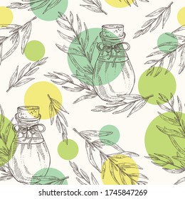 Seamless pattern with tarragon plant and bottle of tarragon essential oil. Cosmetic, perfumery and medical plant. Vector hand drawn illustration