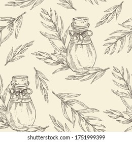 Seamless pattern with tarragon plant and bottle of tarragon essential oil. Cosmetic, perfumery and medical plant. Vector hand drawn illustration