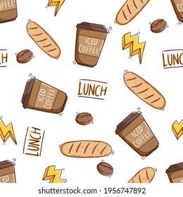 seamless pattern of tasty bread and ice coffee paper cup