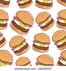 seamless pattern of tasty burger with egg and also with color and outline on white background