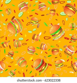 Seamless pattern tasty burger grilled beef and fresh vegetables dressed with sauce bun for snack, american hamburger fast food tomato cheese vecor illustration background