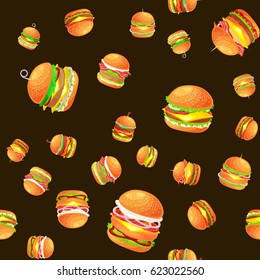 Seamless pattern tasty burger grilled beef and fresh vegetables dressed with sauce bun for snack, american hamburger fast food meal menu barbecue meat vecor illustration background