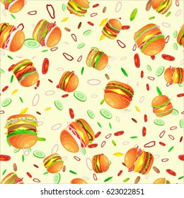 Seamless pattern tasty burger grilled beef and fresh vegetables dressed with sauce bun for snack, american hamburger fast food tomato cheese vecor illustration background