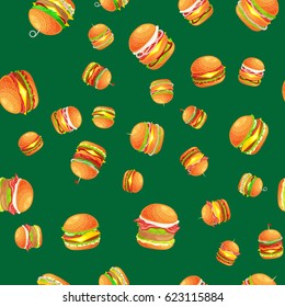 Seamless pattern tasty burger grilled beef and fresh vegetables dressed with sauce bun for snack, american hamburger fast food meal menu barbecue meat vecor illustration background