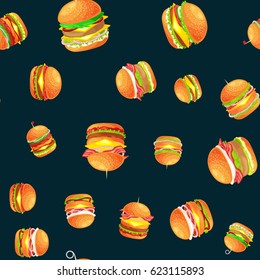 Seamless pattern tasty burger grilled beef and fresh vegetables dressed with sauce bun for snack, american hamburger fast food meal menu barbecue meat vecor illustration background