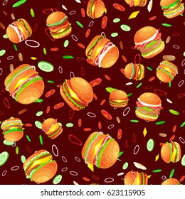 Seamless pattern tasty burger grilled beef and fresh vegetables dressed with sauce bun for snack, american hamburger fast food tomato cheese vecor illustration background