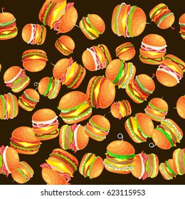 Seamless pattern tasty burger grilled beef and fresh vegetables dressed with sauce bun for snack, american hamburger fast food meal menu barbecue meat vecor illustration background