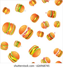 Seamless pattern tasty burger grilled beef and fresh vegetables dressed with sauce bun for snack, american hamburger fast food meal menu barbecue meat vecor illustration background