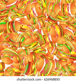 Seamless pattern tasty burger grilled beef and fresh vegetables dressed with sauce bun for snack, american hamburger fast food meal menu barbecue meat vecor illustration background