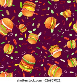 Seamless pattern tasty burger grilled beef and fresh vegetables dressed with sauce bun for snack, american hamburger fast food tomato cheese vecor illustration background