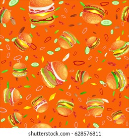 Seamless pattern tasty burger grilled beef and fresh vegetables dressed with sauce bun for snack, american hamburger fast food tomato cheese vecor illustration background