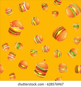 Seamless pattern tasty burger grilled beef and fresh vegetables dressed with sauce bun for snack, american hamburger fast food meal menu barbecue meat vecor illustration background