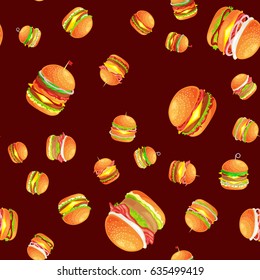Seamless pattern tasty burger grilled beef and fresh vegetables dressed with sauce bun for snack, american hamburger fast food meal menu barbecue meat vecor illustration background