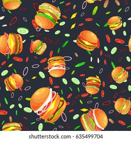 Seamless pattern tasty burger grilled beef and fresh vegetables dressed with sauce bun for snack, american hamburger fast food tomato cheese vecor illustration background