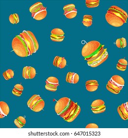 Seamless pattern tasty burger grilled beef and fresh vegetables dressed with sauce bun for snack, american hamburger fast food vector illustration background