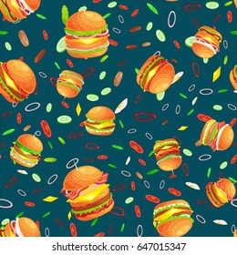 Seamless pattern tasty burger grilled beef and fresh vegetables dressed with sauce bun for snack, american hamburger fast food