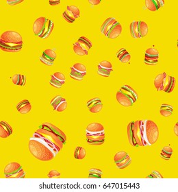 Seamless pattern tasty burger grilled beef and fresh vegetables dressed with sauce bun for snack, american hamburger fast food vector illustration background