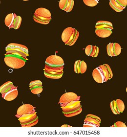 Seamless pattern tasty burger grilled beef and fresh vegetables dressed with sauce bun for snack, american hamburger fast food illustration background