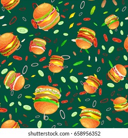 Seamless pattern tasty burger grilled beef and fresh vegetables dressed with sauce bun for snack, american hamburger fast food tomato cheese vecor illustration background
