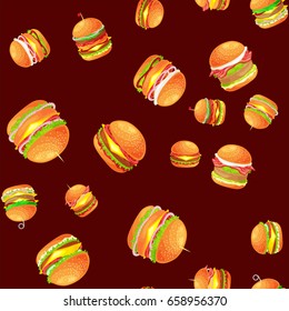 Seamless pattern tasty burger grilled beef and fresh vegetables dressed with sauce bun for snack, american hamburger fast food meal menu barbecue meat vecor illustration background