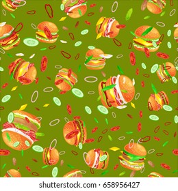 Seamless pattern tasty burger grilled beef and fresh vegetables dressed with sauce bun for snack, american hamburger fast food tomato cheese vecor illustration background