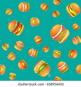 Seamless pattern tasty burger grilled beef and fresh vegetables dressed with sauce bun for snack, american hamburger fast food meal menu barbecue meat vecor illustration background