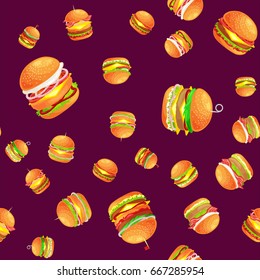 Seamless pattern tasty burger grilled beef and fresh vegetables dressed with sauce bun for snack, american hamburger fast food meal menu barbecue meat vecor illustration background