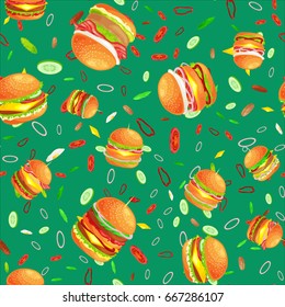 Seamless pattern tasty burger grilled beef and fresh vegetables dressed with sauce bun for snack, american hamburger fast food tomato cheese vecor illustration background