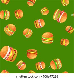 Seamless pattern tasty burger grilled beef and fresh vegetables dressed with sauce bun for snack, american hamburger fast food meal menu barbecue meat vecor illustration background