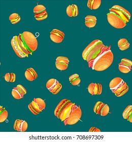 Seamless pattern tasty burger grilled beef and fresh vegetables dressed with sauce bun for snack, american hamburger fast food meal menu barbecue meat vecor illustration background