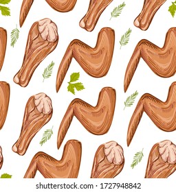 Seamless pattern with tasty chicken on the white background
