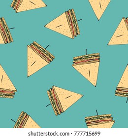 Seamless pattern with tasty club sandwiches pierced with cocktail stick on blue background. Delicious snack, appetizing fast food meal. Hand drawn vector illustration for backdrop, fabric print.