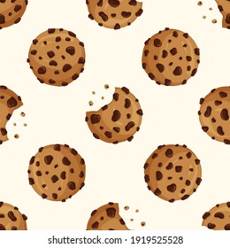 Seamless pattern of tasty cookies with chocolate chips. Design elements for print, wrapping paper, fabric or textile. Flat vector illustration.