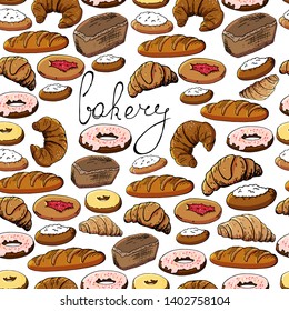 Seamless pattern of tasty desserts isolated on white. Hand drawn illustration of croissant, doughnut,  bread and others for cafe menu or bakery.