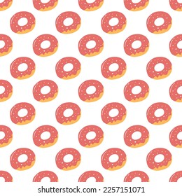 Nahtloses Muster mit schmackhaftem Donut im Cartoon-Flachstil. Handgezeichneter Vektorhintergrund aus Glaßspinnen, Süßgebäck, Knochen, Bagel.