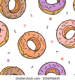 Seamless pattern with tasty donuts. Bright stylish sweets on pink background. Vector illustration in sketch style.