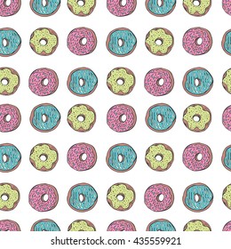 Seamless pattern with tasty donuts.  Hand drawn vector illustration in doodle style. Background with sweet dessert.
