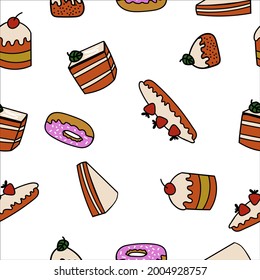 Seamless pattern with tasty doodle cakes. Vector illustrator.