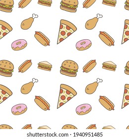 seamless pattern of tasty food colorful style on white background. vector illustration
