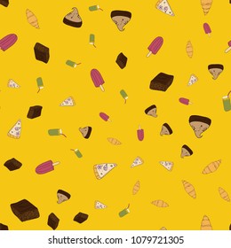 Seamless pattern with tasty food in hand drawn style. For print, package, textile. Vector illustration