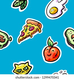 Seamless pattern. Tasty food. Supermarket. Cool stickers.
