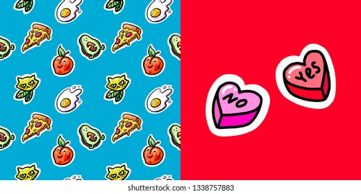 Seamless pattern. Tasty food. Supermarket. Heart-shaped candies with inscriptions yes and no.