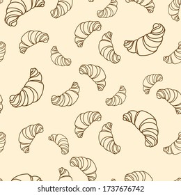 
Nahtloses Muster mit schmackhaften, frischen Croissants, Umriss. Hintergrund für Design-Menü Cafe, Bistro, Restaurant, Label, Verpackung, Textil, Papier für Scrapbooking.Vector Illustration.