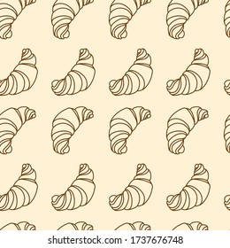 
Seamless pattern with tasty fresh croissants, outline. Background for design menu cafe, bistro, restaurant, label, packaging, textile, paper for scrapbooking.Vector illustration.