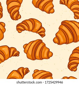 
Seamless pattern with tasty fresh crunchy croissants, breadcrumbs. Background for design menu cafe, bistro, restaurant, label and packaging.