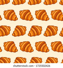 
Seamless pattern with tasty fresh crunchy croissants, breadcrumbs. Background for design menu cafe, bistro, restaurant, label and packaging.