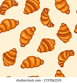 
Seamless pattern with tasty fresh crunchy croissants, breadcrumbs. Background for design menu cafe, bistro, restaurant, label and packaging.