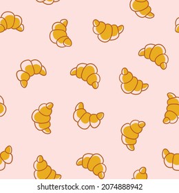 Seamless pattern with tasty fresh crunchy croissants in simple cartoon style. Background for design menu cafe, bistro, restaurant, label and packaging. Vector repeat food background.